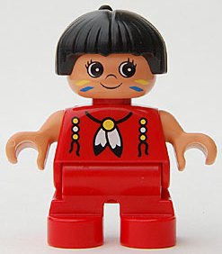 Duplo Figure, Child Type 2 Girl, Red Legs, Red Top with Feather Necklace, Black Hair with Feather (Native American)