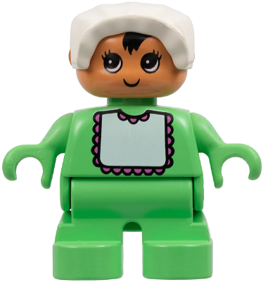 Duplo Figure - Female, Child Baby, Medium Green Legs, Medium Green Top with Bib Pattern, White Bonnet, Nougat Head (75479)