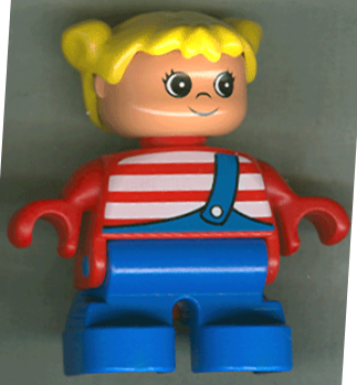 Duplo Figure, Child Type 2 Girl, Blue Legs, Red Top with White Stripes, Yellow Hair Pigtails