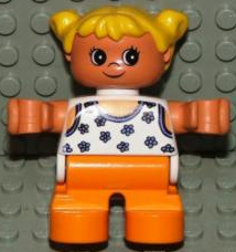 Duplo Figure, Child Type 2 Girl, Orange Legs, White Blouse with Blue Flowers, Yellow Hair Pigtails