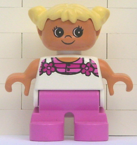 Duplo Figure, Child Type 2 Girl, Dark Pink Legs, White Top with Pink Stripes and Flowers, Light Yellow Hair