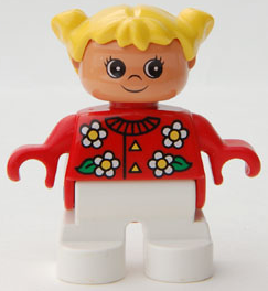 Duplo Figure, Child Type 2 Girl, White Legs, Red Top with Flowers Pattern, Collar And 2 Buttons, Yellow Hair Pigtails