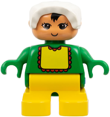 Duplo Figure - Female, Child Baby, Yellow Legs, Green Top with Bib Pattern, White Bonnet, Nougat Head (75502)