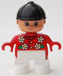 Duplo Figure, Child Type 2 Girl, White Legs, Red Top with White Flowers, Black Riding Hat