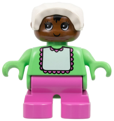 Duplo Figure - Female, Child Baby, Dark Pink Legs, Medium Green Top with Bib Pattern, White Bonnet, Brown Head (75508)