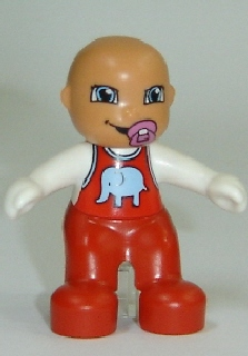 Duplo Figure Lego Ville, Baby, Red Overalls with Elephant Pattern, Pacifier