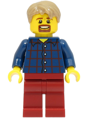 LEGOLAND Park Male, Dark Blue Plaid Button Shirt with Narrow Neck, Dark Tan Short Tousled Hair, Goatee