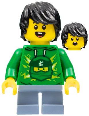 LEGOLAND Park Boy with Black Hair, Green Ninjago Hoodie, Sand Blue Short Legs