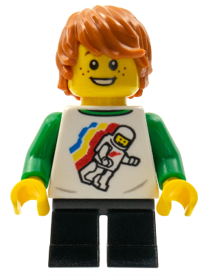 Child - Boy, Classic Space Shirt with Minifigure Floating and Back Print, Black Short Legs, Dark Orange Tousled Hair, Freckles