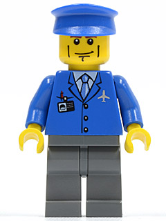 Airport - Blue 3 Button Jacket &amp; Tie, Blue Hat, Dark Bluish Gray Legs, Vertical Cheek Lines