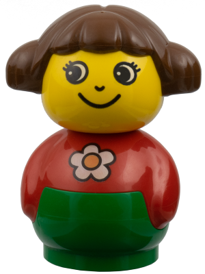 Primo Figure Girl with Green Base, Red Top with Daisy Pattern, Brown Hair