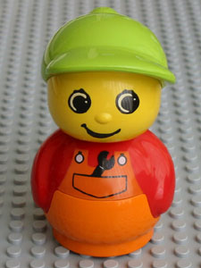 Primo Figure Boy with Orange Base, Red Top with Orange Overalls with Wrench, Medium Lime Hat (4247767)