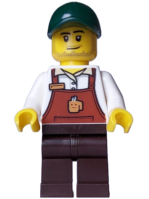 Bakery / Boulangerie Owner - Reddish Brown Apron with Cup and Name Tag, Dark Brown Legs, Dark Green Cap