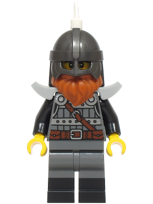 Knight - Male, Dark Bluish Gray and Silver Armor, Black Boots, Pearl Dark Gray Helmet, White Feather, Dark Orange Beard, Light Bluish Gray Shoulder Pads