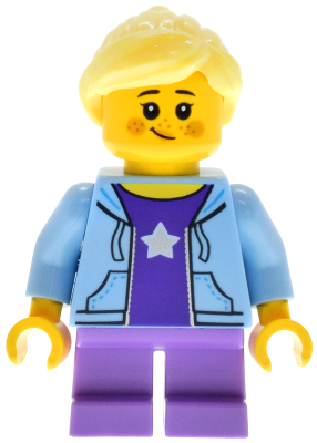 Antique Shop - Female Child, Bright Light Blue Hoodie over Dark Purple Shirt, Medium Lavender Short Legs, Bright Light Yellow Ponytail