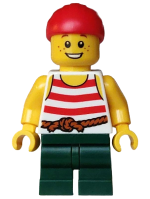 Pirate - Boy, White Tank Top with Red Stripes, Dark Green Medium Legs, Red Bandana