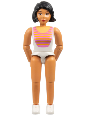 Belville Female, Adult Woman  - White Swimsuit with Dark Pink and Light Orange Stripes Pattern, Black Hair, White Shoes (4140031)