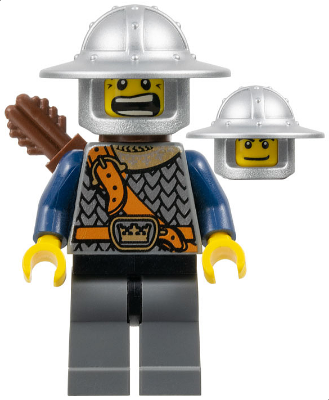 Fantasy Era - Crown Knight Scale Mail with Chest Strap, Helmet with Broad Brim, Dual Sided Head, Dark Bluish Gray Legs, Quiver