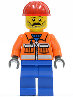 Construction Worker - Orange Zipper, Safety Stripes, Orange Arms, Blue Legs, Red Construction Helmet, Stubble