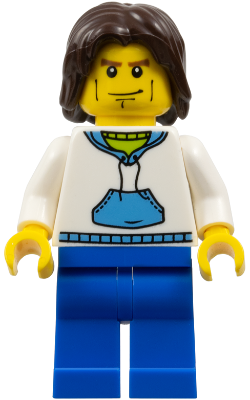 White Hoodie with Medium Blue Pocket, Blue Legs, Dark Brown Mid-Length Tousled Hair