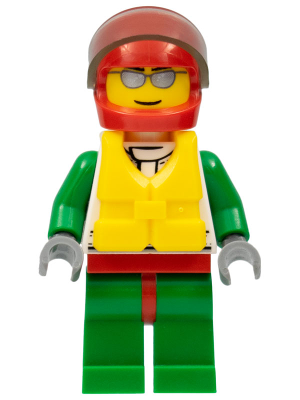 Octan - Jacket with Red and Green Stripe, Red Hips and Green Legs, Red Helmet, Trans-Brown Visor, Silver Sunglasses, Life Jacket Center Buckle