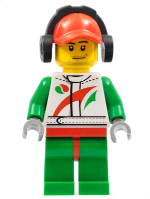Race Car Mechanic, White Racing Suit with Octan Logo, Red Cap with Hole, Headphones, Smirk and Stubble Beard