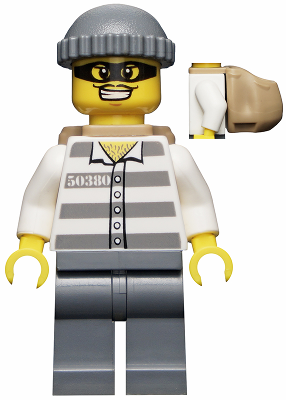 Police - Jail Prisoner 50380 Prison Stripes, Dark Bluish Gray Legs, Dark Bluish Gray Knit Cap, Backpack, Mask