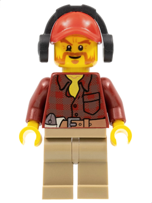 Flannel Shirt with Pocket and Belt, Dark Tan Legs, Red Cap with Hole, Headphones, Beard