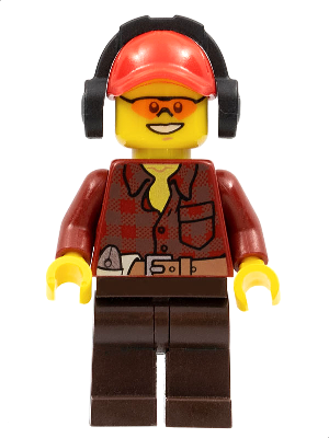 Flannel Shirt with Pocket and Belt, Dark Brown Legs, Red Cap with Hole, Headphones, Orange Safety Glasses