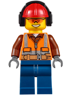 Construction Worker - Male, Orange Safety Vest, Reflective Stripes, Reddish Brown Shirt, Dark Blue Legs, Red Construction Helmet with Black Ear Protectors / Headphones, Safety Glasses