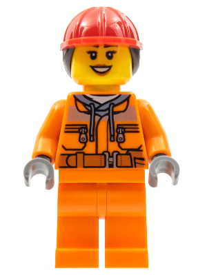 Construction Worker - Female, Orange Safety Jacket, Reflective Stripe, Sand Blue Hoodie, Orange Legs, Red Construction Helmet with Dark Brown Ponytail Hair, Dark Orange Lips