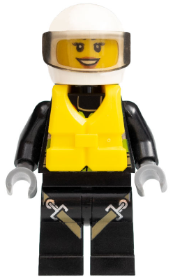 Fire - Reflective Stripes with Utility Belt and Flashlight, Life Jacket Center Buckle, White Helmet, Trans-Brown Visor, Dark Orange Lips Open Mouth Smile