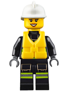 Fire - Reflective Stripes with Utility Belt and Flashlight, Life Jacket, White Fire Helmet, Dark Orange Lips Open Mouth Smile