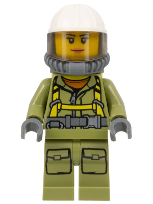 Volcano Explorer - Female Worker, Suit with Harness, Construction Helmet, Breathing Neck Gear with Air Tanks, Trans-Brown Visor