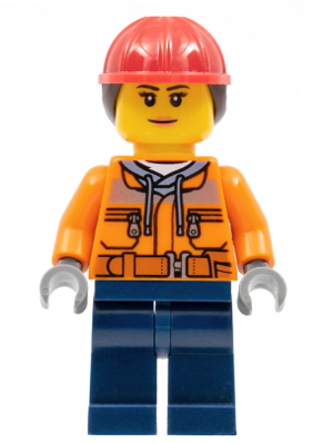 Construction Worker - Female, Orange Safety Jacket, Reflective Stripe, Sand Blue Hoodie, Dark Blue Legs, Red Construction Helmet with Dark Brown Ponytail Hair, Nougat Lips
