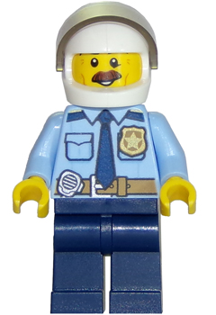 Police - City Shirt with Dark Blue Tie and Gold Badge, Dark Tan Belt with Radio, Dark Blue Legs, White Helmet