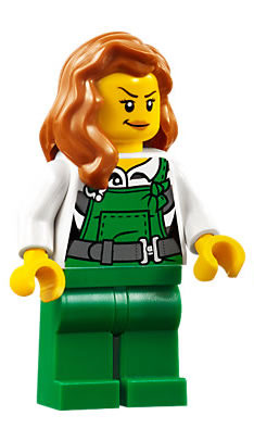 Police - City Bandit Female with Green Overalls, Dark Orange Female Hair over Shoulder, Nougat Lips Smirk