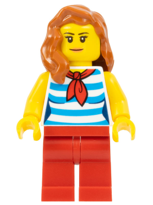 Beachgoer - Female, Dark Azure and White Striped Shirt with Red Scarf, Red Legs, Dark Orange Hair