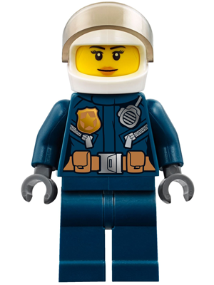 Police - City Helicopter Pilot Female, Leather Jacket with Gold Badge and Utility Belt, Dark Blue Legs, White Helmet, Nougat Lips Slight Smile