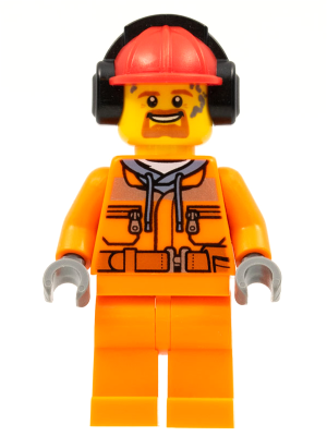 Construction Worker - Male, Orange Safety Jacket, Reflective Stripe, Sand Blue Hoodie, Orange Legs, Red Construction Helmet with Black Ear Protectors / Headphones, Goatee