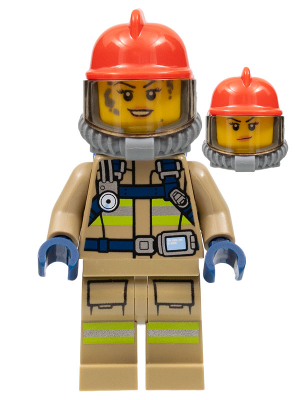 Fire - Reflective Stripes, Dark Tan Suit, Red Fire Helmet, Open Mouth with Nougat Lips and Dirty Face, Breathing Neck Gear with Blue Air Tanks