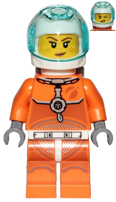 Astronaut - Female, Orange Spacesuit with Dark Bluish Gray Lines, Trans-Light Blue Visor, Freckles with Smirk and Winking
