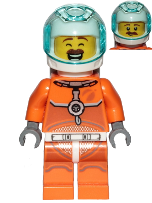 Astronaut - Male, Orange Spacesuit with Dark Bluish Gray Lines, Trans-Light Blue Visor, Large Smile with Eyes Closed and Smirk
