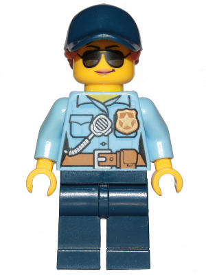 Police - City Officer Female, Bright Light Blue Shirt with Badge and Radio, Dark Blue Legs, Dark Blue Cap with Dark Orange Ponytail, Sunglasses