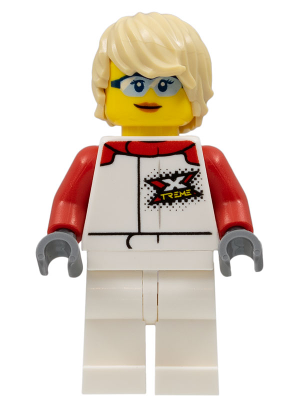 Race Boat Truck Driver - Female, White and Red Racing Suit with 'XTREME' Logo, White Legs, Tan Tousled Hair, Safety Glasses
