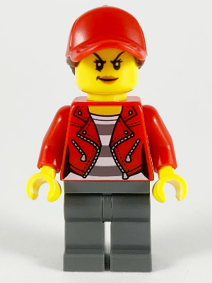 Police - City Bandit Crook, Red Jacket, Red Ball Cap with Reddish Brown Ponytail, Dark Bluish Gray Legs