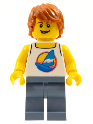Surfer - Male, White Tank Top with Dark Azure Sailboat, Sand Blue Legs, Dark Orange Tousled Hair