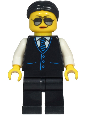 Limousine Driver - Female, Black Vest with Blue Striped Tie, Black Legs, Black Hair, Sunglasses and Medium Nougat Lips