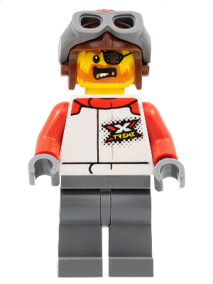 Stuntz Truck Driver - Male, White and Red Racing Suit with 'XTREME' Logo, Dark Bluish Gray Legs, Reddish Brown Aviator Cap, Dark Bluish Gray Goggles, Eye Patch, Beard