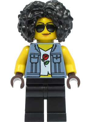 Stuntz Driver - Female, Sand Blue Vest over Rose Shirt, Black Legs, Black Curly Hair, Sunglasses